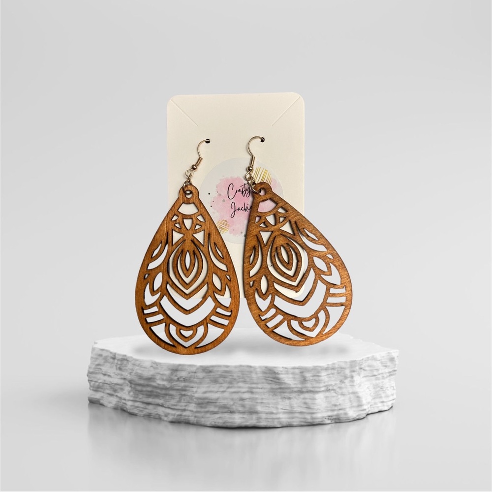Handmade Wooden teardrop mandala earrings